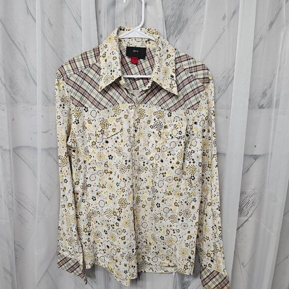 Spy Henry Lau Yellow Blue Floral Plaid Western Button Down Blouse Size L - Picture 10 of 13